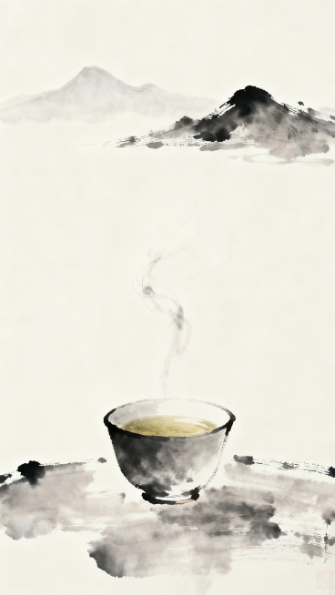 水墨风格，画面中心是一杯清茶，远处是淡墨勾勒的远山，淡淡的茶烟袅袅升起，画面大面积留白，营造中国传统文人画宁静悠远的意境，笔触简约淡雅，水墨画质感预览效果