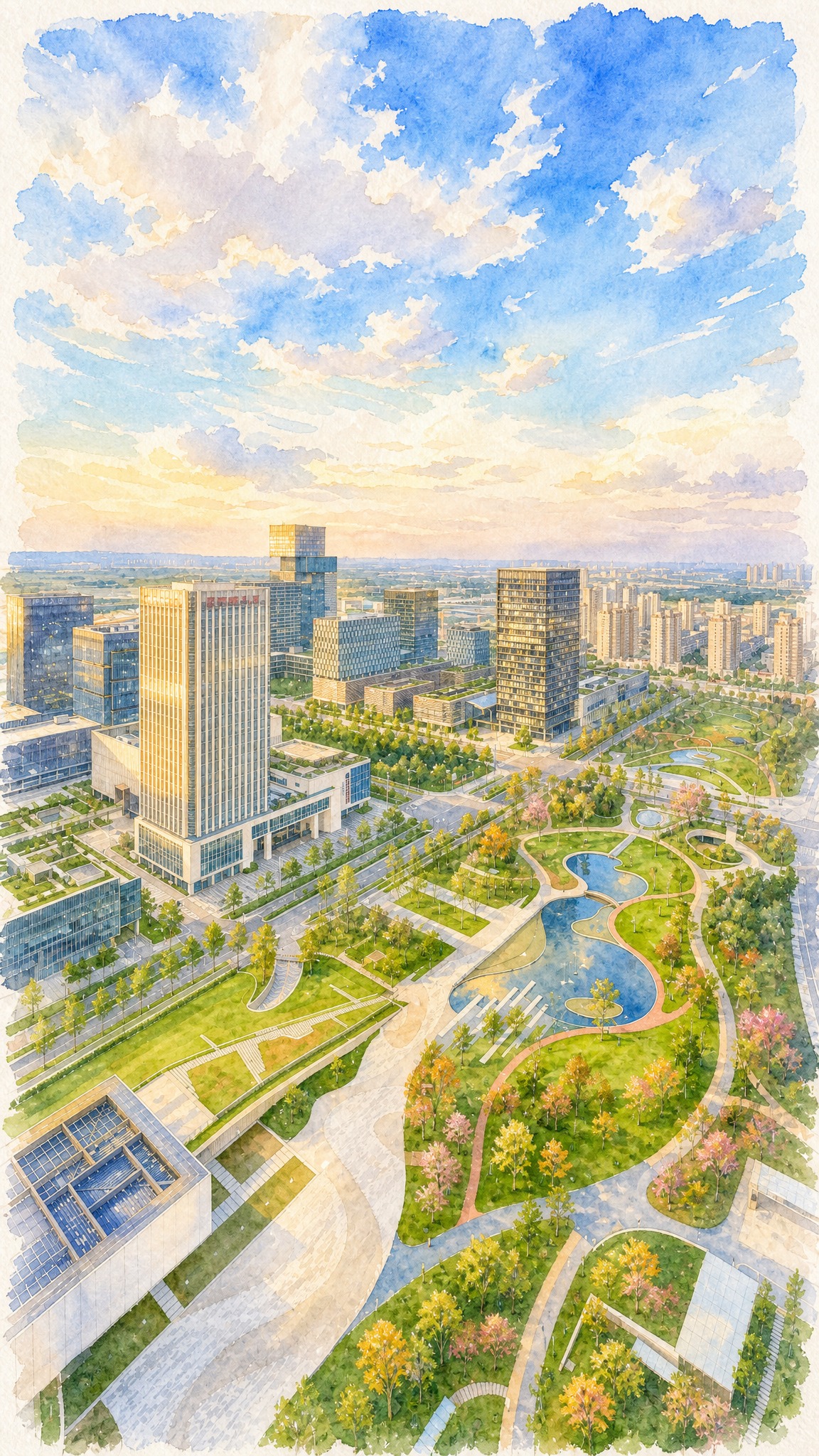 将这张竖版城市商务区航拍照片转换为手绘水彩插画风格，水彩质感柔… - 图片创意预览
