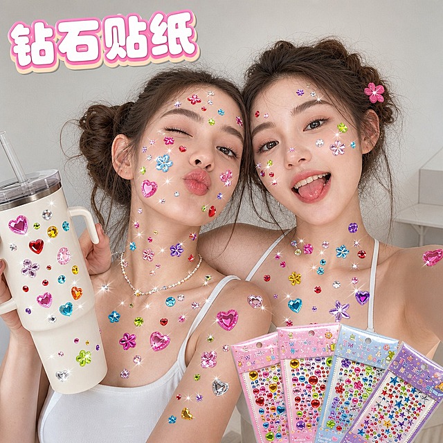 重新生成，重点修正右下角四张产品包装内钻石贴纸发暗发黑的问题：包装内所有钻石贴必须与人物身上的钻贴质感完全一致，整体明显提亮，呈现高透清水晶爆闪质感，切面棱线清晰锐利，表面有大面积亮白高光、银白星芒、细碎闪点和彩色棱镜折射，彻底避免发黑、发灰、发暗、脏污和重黑轮廓。

1:1 正方形商品主图，ins 风生活化抓拍质感，美式甜辣少女风，自然日间柔光，整体高亮通透，色彩鲜亮干净，无暗沉、无灰调。

画面主体为两位年轻闺蜜少女亲密同框，人物占画面大部分面积，表情松弛搞怪，互动感自然，身着浅色简约吊带背心。两位少女的脸部、额头、颈部、肩膀、手臂和胸口自然错落贴着大量彩色亚克力钻石贴纸，造型包含爱心钻、圆形钻、花朵钻、星星钻、方形钻和小碎钻，大小混搭，分布随性，像真实贴在皮肤上一样贴合。

每颗钻石贴必须明显提亮，呈现高透清水晶爆闪质感，切面棱线清晰锐利，表面有大面积亮白高光、银白星芒、细碎闪点和彩色棱镜折射。红、粉、蓝、黄、紫、绿各色钻饱和度高且通透明亮，钻体内部干净浅亮，钻缝、钻边与暗部保持透明浅亮，彻底避免发黑、发灰、发暗、脏污和重黑轮廓。

少女手持大容量白色冰霸杯，杯身贴有同款彩色钻石贴，与身上贴钻形成呼应。背景为浅灰墙面或温柔居家角落，干净少杂物，人物和钻石贴是绝对第一视觉。

画面右下角陈列四张钻石贴纸产品包装，以小扇形错落排列，占画面约 15%–20%。四张包装分别展示不同款式，清晰保留包装底色、顶部挂孔、卡通图案和贴纸排布，包装内的钻石贴同样明亮通透，不发暗、不发黑，与人物身上钻贴质感完全统一。右下角产品只作为款式展示，视觉权重低于人物主体。

画面只出现四个字，不出现其他文字。顶部左侧留白处添加主标题 "钻石贴纸"，使用圆润甜酷气泡字体，白色字面、浅粉描边、淡奶油立体阴影。文字避开人物脸部、身上核心钻石贴、杯身贴钻和右下角四张产品包装。整体像真实博主分享图，人物为主，产品为辅，钻石贴纸颜色全程明亮爆闪。