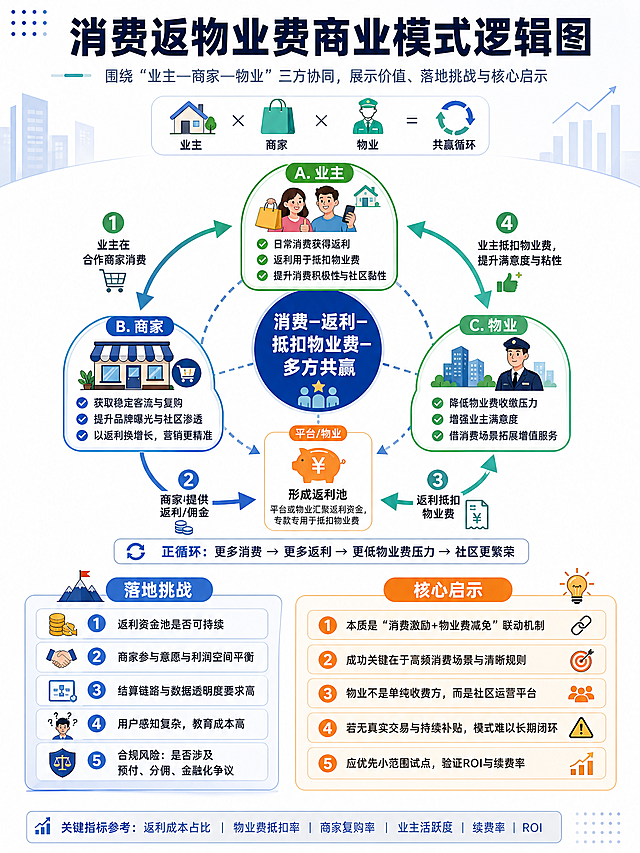 一张消费返物业费商业模式逻辑图，主题展示三方价值、落地挑战和核心启示，设计有趣排版清晰，比例3:4