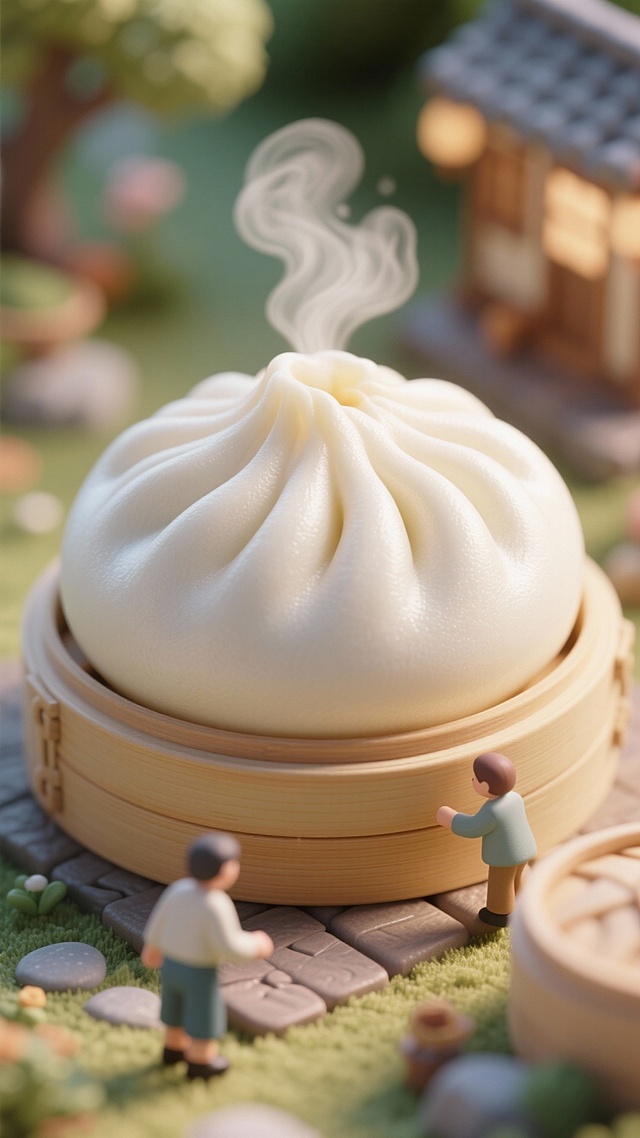 小人围绕着热气腾腾的大包子