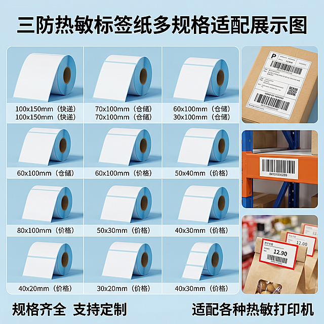 [主图-4] 三防热敏标签纸多规格适配展示图。氛围风格：实用清晰电商风，保持整体风格和色调统一。画质：商业摄影质感，清晰通透，真实自然。元素：宫格展示不同规格尺寸的标签纸卷，从大尺寸到小尺寸排列整齐，展示齐全的规格选择。右侧补充适用场景，包括快递单、仓储条码、价格标签等使用实例。保持产品颜色和材质和输入产品图一致。商品主体占比约75%，满屏无边框，宫格排布整齐。光影：均匀明亮的柔光，每个规格展示清晰，无死黑阴影。配色：浅蓝背景搭配白色标签，干净整洁。文字版式：顶部大字"规格齐全 支持定制"，每个宫格下方标注对应尺寸范围，右下角标注"适配各种热敏打印机"。文字清晰不遮挡主体。比例分辨率：1:1 比例，2k 分辨率，文字清晰可辨，超高清。负向提示词：变形，水印，文字错乱，产品图模糊，背景杂乱。