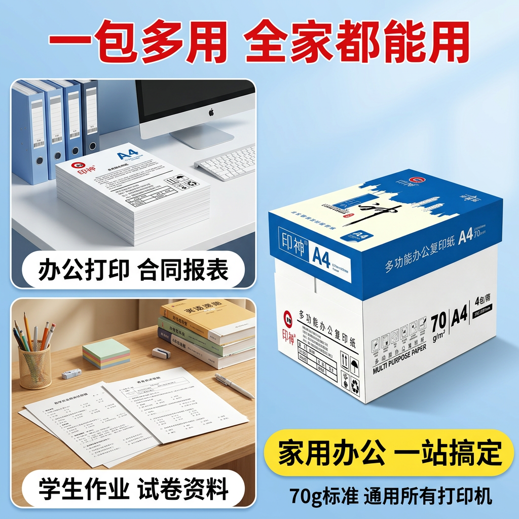 [主图-3] 多场景适用展示，说明复印纸适用于办公、家用、学生… - 图片创意预览