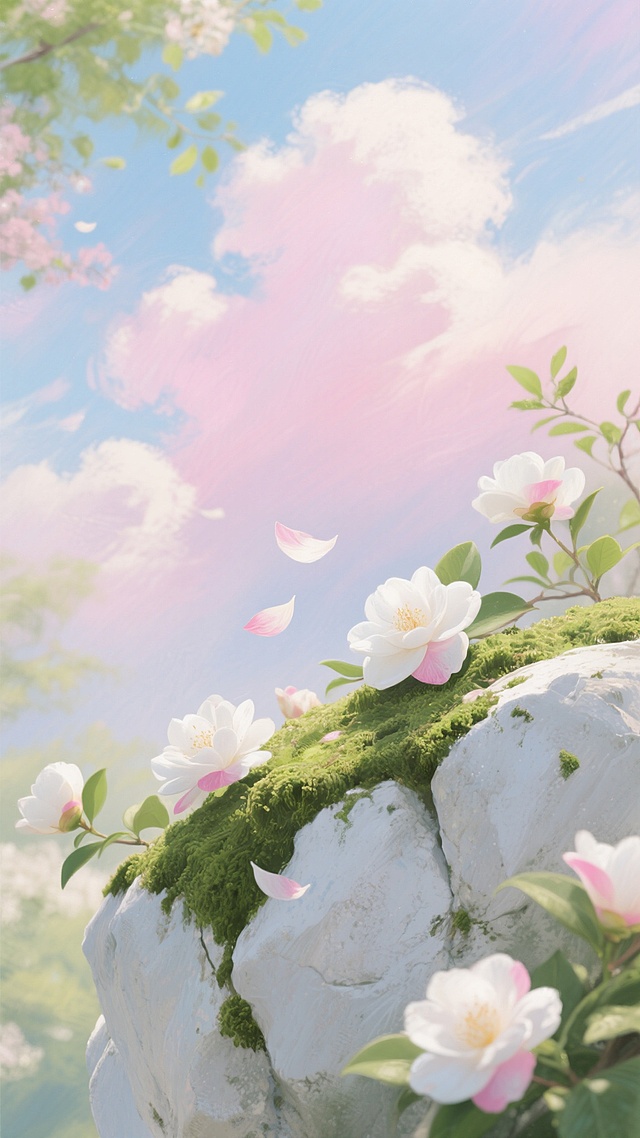 印象派风格描绘，柔和的笔触与丰富的色彩变化，天空呈现渐变的粉蓝色调，云朵以松散的笔触渲染出轻盈飘逸之感，前景是覆盖着翠绿苔藓的光滑白色岩石，岩石上及周围点缀着盛开的白色山茶花，花瓣边缘带有微妙的粉色晕染，几片花瓣正缓缓飘落，四周环绕着嫩绿的枝叶，整体画面充满浪漫诗意的春日氛围，光影柔和，色彩明快而富有层次感，营造出宁静而美好的自然景致。