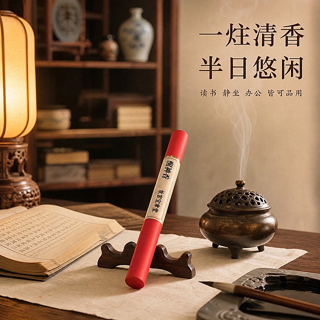 [主图-4] 使用场景 书房品香 生活方式图
[统一基调] 东方雅致故宫国风 小红书原生氛围感 朱砂红与米白宣纸色为主色调 烫金点缀 宋体标题字 细楷辅助字 金边米白卡片 整体温润高级 有书卷气
[画面] 中式书房场景 红木书桌上铺着宣纸 纸上放着一本翻开的线装书 旁边有一方砚台和一支毛笔 书桌中央 红色醒神香管斜靠在紫檀木香插上 香管旁的小香炉中正飘出袅袅青烟 背景是模糊的博古架 上面摆放着瓷器和古籍 暖黄色的灯光从左侧照来 整体温馨雅致 有读书品香的生活仪式感
[光影质感] 左侧暖黄色台灯光 桌面木纹清晰 器物有温润光泽 青烟柔和通透 阴影自然 整体温暖治愈 生活感强 商业摄影质感
[配色] 主色木色 米白 朱砂红 暖黄色灯光 墨色 整体暖调雅致
[文字版式] 右上角主标题一炷清香 半日悠闲 大号宋体深褐色 下方小字读书 静坐 办公 皆可品用 细楷 文字放在画面右上角空白处 不遮挡主体场景
[输出要求] 比例1:1 文字清晰可读 产品清晰不变形 无错字 无水印 无平台logo 场景真实自然