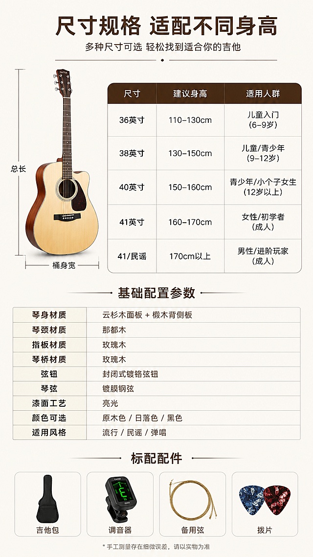 ，生成一套详情页，商品名称为入门吉他，适配