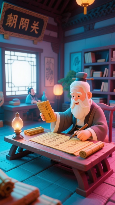 函谷关关内书房，老子坐于案前手持竹简讲解，神情温和；尹喜伏案用刻刀刻竹简，神情专注，竹简已刻"道可道，非常道"，案上油灯燃动，光线昏黄柔和预览效果