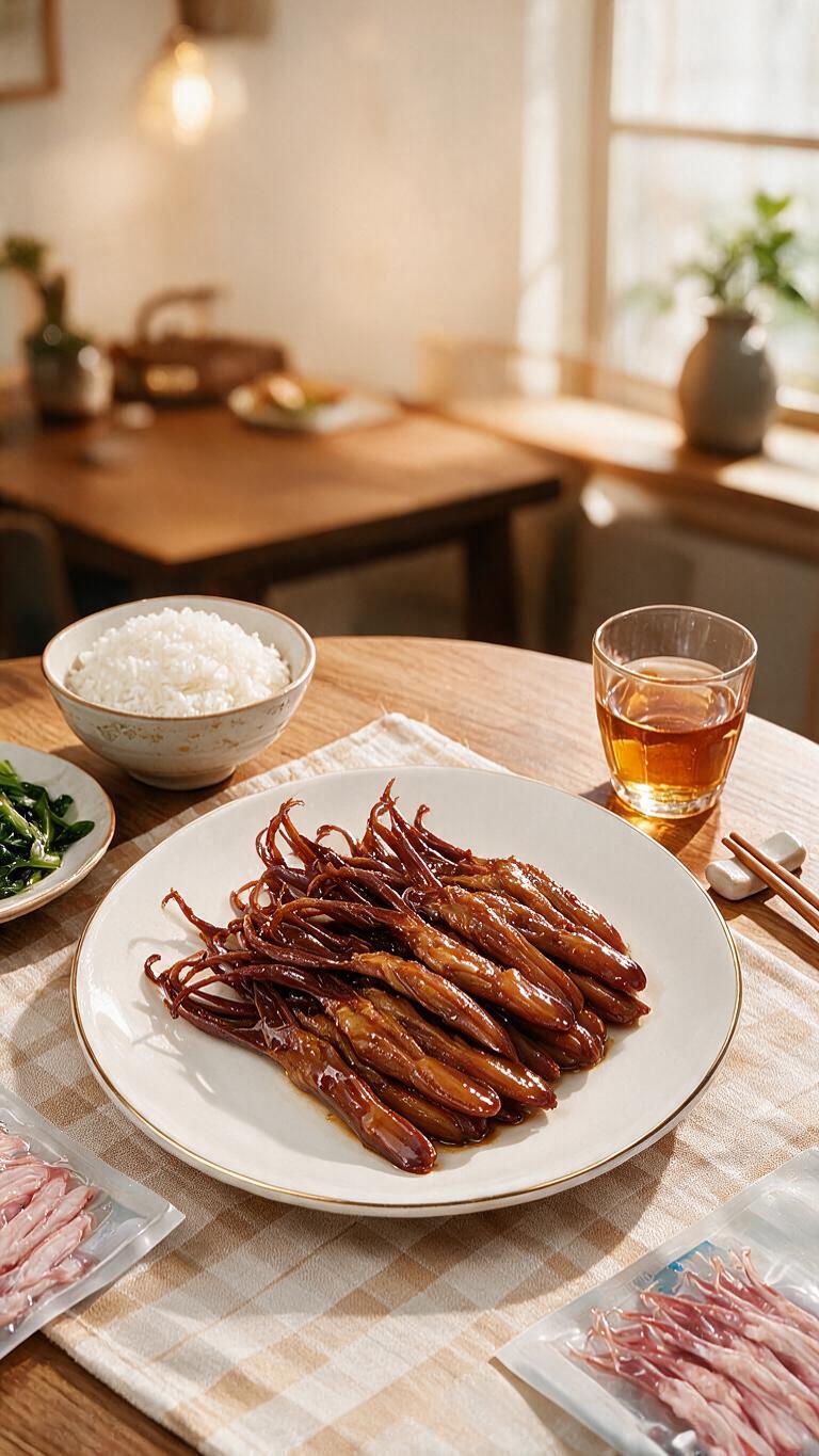 将盘子里的生鸭舌替换为烹饪熟的卤鸭舌，鸭舌呈深棕红褐色、油亮有… - 图片创意预览