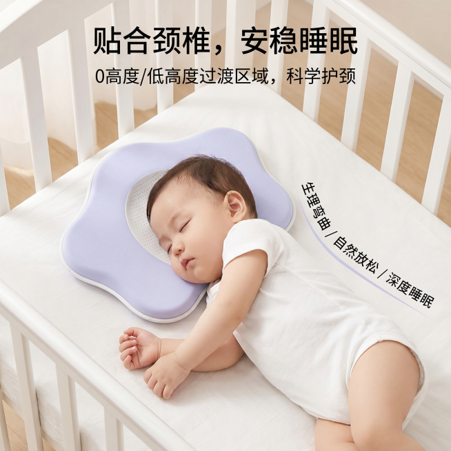 柔和自然光摄影，1:1竖版。严格还原上传的产品图，包括包装设计、颜色（浅薰衣草紫#CCCCFF + 珍珠白#FFFFFF）、中心网眼图案元素等所有细节，场景为纯白木质婴儿床内铺高支数白棉麻床单，一个皮预览效果