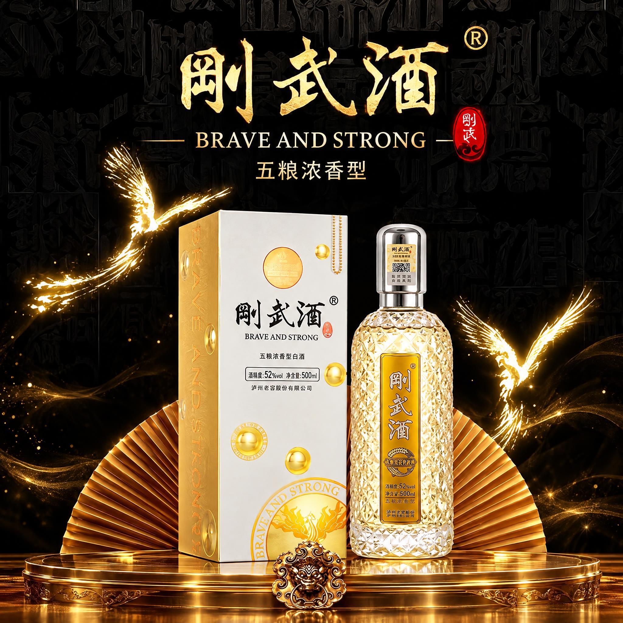高端白酒产品宣传图，画面主体为刚武酒的酒瓶和酒盒，酒瓶为金色菱… - 图片创意预览