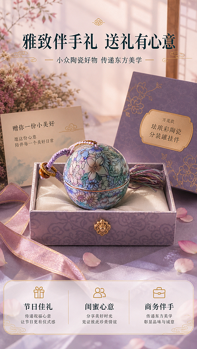 [商品] 使用【图1】骨子里国风万花款珐琅彩陶瓷分装罐挂件；保留产品全部外观与结构；商品处理：保持原貌，增强陶瓷与珐琅彩质感，置于礼盒场景中呈现礼赠感。
[画面] 页面目标：礼赠价值，突出雅致伴手礼属性与送礼心意；构图为新中式礼赠场景，产品置于雅致礼盒中，旁侧搭配贺卡、干花、丝带等礼赠元素，背景为朦胧中式屏风与暖光；产品位于画面中心，占画面40%，礼盒与道具形成氛围感；前景点缀花瓣与柔光，营造仪式感。
[视觉] 套系策略：风格=新中式雅致商业摄影；标题字=宋体衬线粗体；正文字=纤细无衬线体；主色=粉紫青渐变；背景延展=基于粉紫青做深浅层级、同色渐变和宣纸/丝绸质感；强调色=描金暖金色，仅用于小面积图标、引线、标签和装饰线条；标题色=深墨青；正文色=中暖灰；组件=圆角金线信息卡、细金线引线、云纹装饰元素；光影=暖调侧顶光，营造温馨礼赠氛围。
[文字] 画面上方主标题「雅致伴手礼 送礼有心意」，副标题「小众陶瓷好物 传递东方美学」；下方3个礼赠场景：节日佳礼 / 闺蜜心意 / 商务伴手；文字横向排版，位于画面上方与底部信息条，不遮挡产品与礼盒主体。
[规格] 图片比例9:16竖版，4K分辨率，负向提示：避免变形、错字、文字过小、冷蓝灰背景、产品颜色改变、结构失真、二维码、水印、绝对化用语。