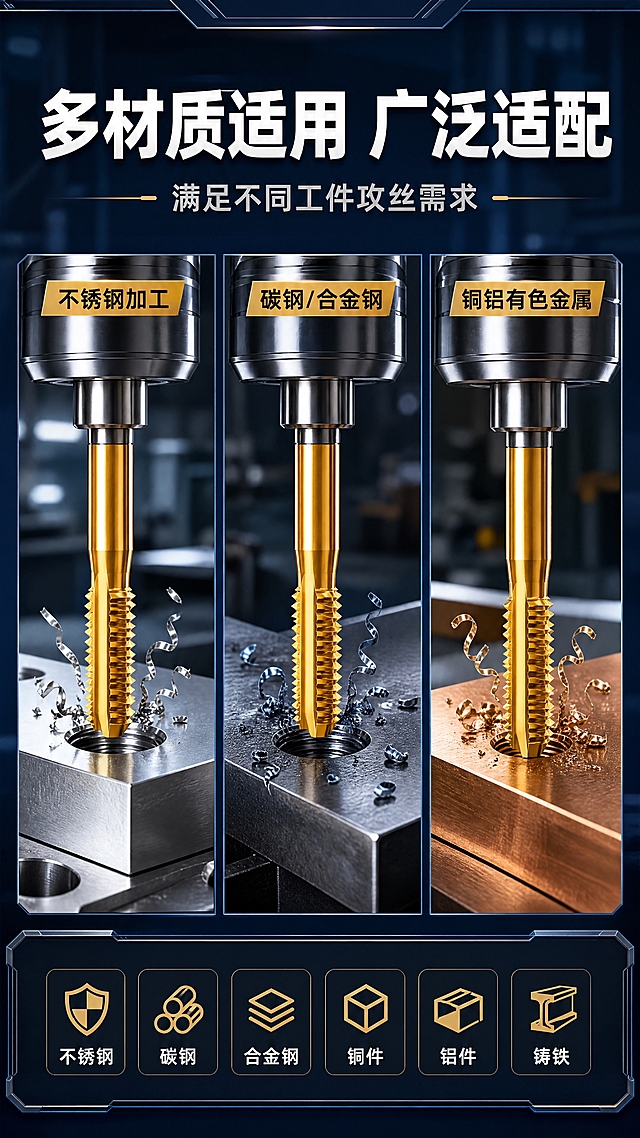 [商品] 使用【图1】镀钛先端丝锥产品；保留丝锥结构、金色镀钛层、螺纹齿形；丝锥以工作状态呈现，刃口接触加工件。
[画面] 目标：场景适配，展示适用加工场景与材料。构图：上方标题+中间三格场景拼图+下方适用材料列表。三格横向排列：左格=不锈钢工件攻丝场景，中格=碳钢/合金钢加工场景，右格=铜铝有色金属加工场景。每格中丝锥正在对相应材料进行攻丝作业，产生真实的金属切屑。背景为工业车间虚化环境。
[视觉] 套系策略：风格=工业科技风商业摄影；标题字=粗黑无衬线工业字体；正文字=简洁无衬线体；主色=深蓝藏青；背景延展=基于深蓝做渐变、工业场景虚化、金属质感边框；强调色=金色（镀钛色），仅用于场景标签和图标；标题色=纯白；正文色=浅银灰；组件=深色场景卡片、金色场景标签、材料图标；光影=每格场景独立打光，突出加工动作与材料质感。
[文字] 顶部主标题"多材质适用 广泛适配"，副标题"满足不同工件攻丝需求"；三格场景各配标签："不锈钢加工"、"碳钢/合金钢"、"铜铝有色金属"；底部配6个适用材料图标+文字：不锈钢、碳钢、合金钢、铜件、铝件、铸铁；所有文字横排，层级清晰。
[规格] 图片比例9:16竖版，4K分辨率，负向提示：避免场景失真、丝锥比例失调、加工动作不符合真实逻辑、文字过小、颜色偏差。