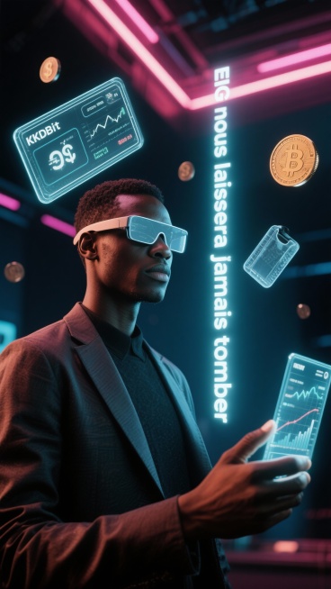 A Congolese person wearing sleek AR glasses, interacting with a transparent KKDBit interface project预览效果
