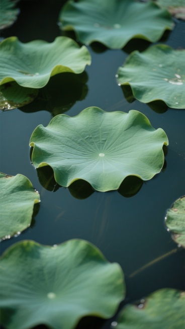 淡雅风格背景图，俯视角拍摄的荷叶特写，水面上漂浮着多片形态各异的绿色荷叶，叶片边缘自然卷曲，清晰可见的放射状叶脉和细腻的纹理，主色调为深浅不一的墨绿色与青绿色，光影柔和，水面呈现深邃的暗绿色并倒映出荷叶的轮廓，整体氛围宁静清幽，构图饱满，荷叶占据画面主要部分，无其他多余元素，具有写实的质感和自然的色彩过渡。预览效果