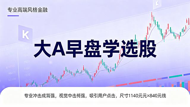 金融主题宣传图，突出文字"大A早盘学选股"，浅紫色渐变背景，融入K线、股价走势图表等金融元素，专业高端风格，视觉冲击力强，吸引用户点击，宽度1140像素，高度640像素
