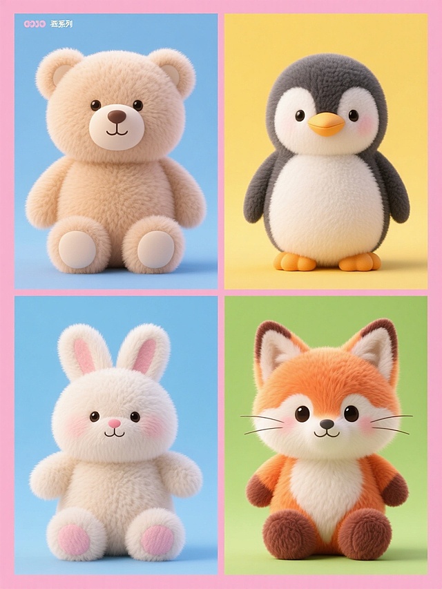 系列毛绒玩具海报，四个不同元素内容的可爱毛绒动物（如小熊、小兔、小猫、小狐狸）规整排布，每个动物保持原图中企鹅的3D写实风格、圆润造型和柔软蓬松的毛绒质感，整体色彩变换为四种不同纯色背景（如粉色、蓝色、黄色、绿色），每个动物对应一种背景色，保持居中构图和清晰的视觉焦点，无文字和装饰元素，画面简洁明快，适合儿童产品宣传。