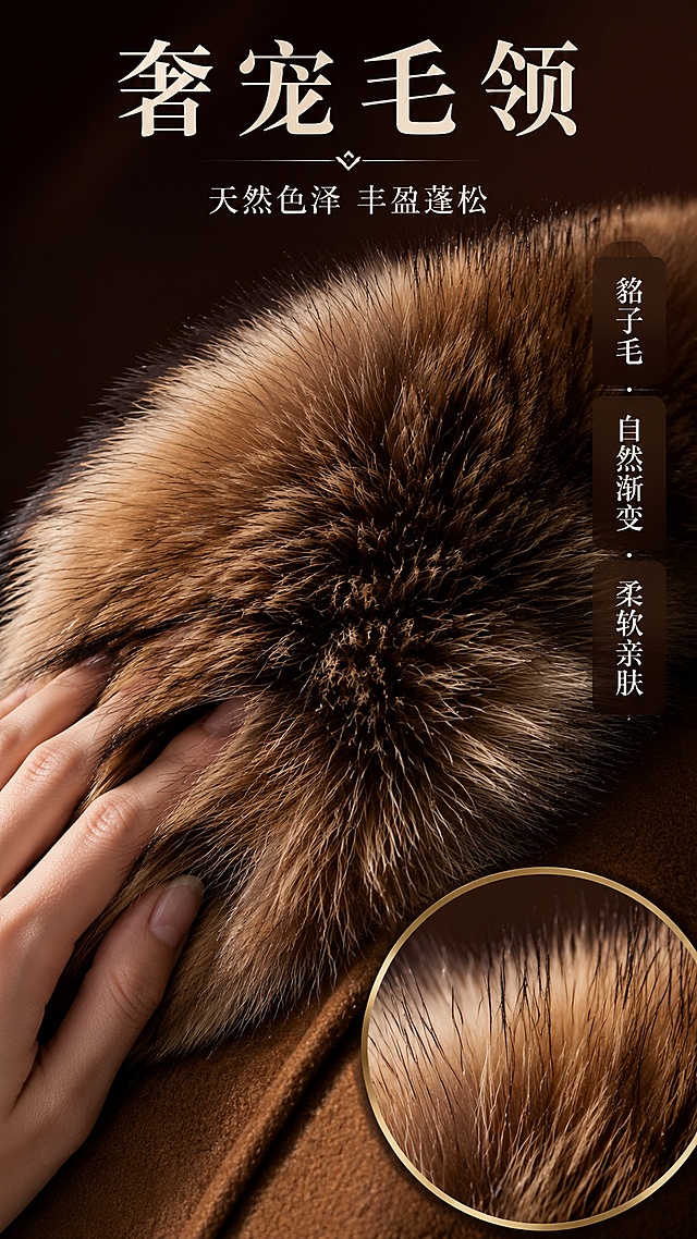 [第4屏] 毛领细节特写页-大衣毛领材质纹理色泽微距展示。本屏使用【图1】毛领部分作为细节展示主体。
[氛围/风格] 奢华材质特写风，极致细节，高级质感，商业微距摄影。
[元素布局] 画面主体为毛领超大特写，占画面70%以上，位于中央偏上；毛针根根分明，呈现棕褐深浅渐变的天然毛色层次，毛尖深色、毛根浅棕，蓬松丰盈有光泽；毛领下方露出一小部分焦糖棕呢面面料做对比；左下角有一只中国女性的手轻轻抚摸毛领，指尖陷入毛中体现柔软度；背景为深棕色渐变，突出毛领主体；右下角放圆形放大镜效果小图，进一步放大毛针纹理。
[光影质感] 侧上方柔光打亮毛领顶部，形成自然光泽带，毛针有明暗层次，立体感极强，底部有柔和投影。
[配色色系] 全局底色 #3E2723（深棕色渐变）；主色天然棕褐毛领；辅助色焦糖棕呢面、肤色；点缀色暖金色光泽。
[视角构图] 微距特写视角，略微俯视，阅读动线中央毛领主体 → 左下角手部触感 → 右下角放大细节。
[文字版式] 顶部主标题「奢宠毛领」，大号衬线字体米白色，下方细金线装饰；副标题「天然色泽 丰盈蓬松」，小号米白色；右侧竖排三个品质标签「貉子毛」「自然渐变」「柔软亲肤」，白色小字配半透明深棕底条；文字不遮挡毛领主体。
[比例分辨率] 9:16竖版比例，4K分辨率，文字清晰可辨，高清画质。
[负向提示词] 变形，水印，文字错乱，文字过小，毛领稀疏打结，颜色偏差，毛质粗糙，背景杂乱。