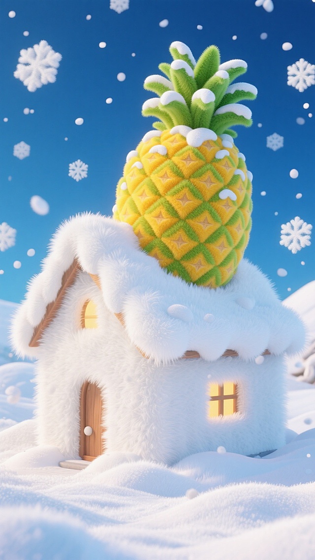 屋顶覆盖白雪，房顶上有一个巨大的被雪覆盖的菠萝，深蓝色天空，周边飘着白色雪花，地面有积雪
