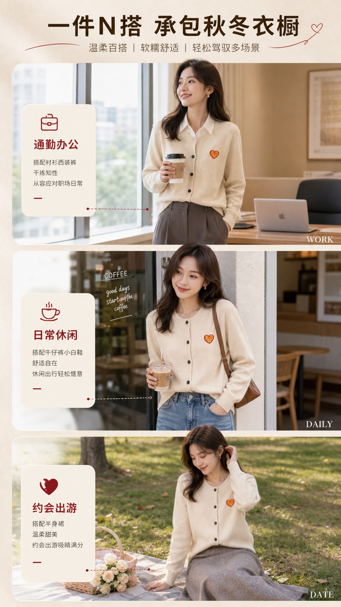 [商品] 使用【图1】【图3】米杏色圆领爱心福字刺绣羊毛开衫；… - 图片创意预览