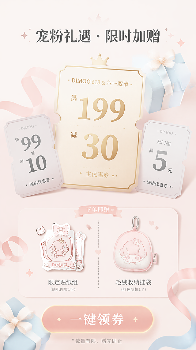 [第2屏] 优惠资产组件展示页，POPMART DIMOO盲盒618六一双节促销优惠展示。
[氛围/风格] 沉浸式轻奢卡片风格，温柔奶糯质感，促销元素克制有质感，保持整体治愈童趣调性。
[元素布局] 顶部居中放置大标题"宠粉礼遇 · 限时加赠"，画面主体为错落排列的三张优惠券卡片：主优惠券"满199减30"采用烫金立体大卡片放置中心偏上位置，左右两侧辅助优惠券"满99减10"和"无门槛5元"为磨砂质感小卡片错落摆放。优惠券下方放置赠品区域，左侧是限定贴纸组图标，右侧是毛绒收纳挂袋图标，图标为浅灰线稿搭配奶油粉填充。画面背景点缀浅粉色丝带和淡蓝色礼物盒装饰元素，底部居中放置渐变发光按钮"一键领券"。整体留白舒适，元素不拥挤。
[光影质感] 整体柔和漫射光，烫金卡片区提亮高光，卡片边缘有自然阴影增加立体感，渐变按钮边缘有淡香槟金发光效果，整体层次分明。
[配色色系] 全局底色：#fff8f8（柔奶油粉）；主卡配色：米白底配香槟金字；辅助卡配色：浅灰底配深灰字；点缀色：淡雾蓝丝带+柔白色礼盒。
[视角构图] 居中卡片排布，从上到下标题-优惠券-赠品-按钮的垂直动线，符合移动端阅读习惯，留白充足。
[文字版式] 标题"宠粉礼遇 · 限时加赠"：深灰字体居中，字号约画面宽度6%；优惠券金额大字突出，文字清晰，烫金字带淡金色描边；赠品图标旁标注名称，小字浅灰；按钮文字白色居中清晰可辨。所有文字大小适合移动端阅读，无遮挡。
[比例分辨率] 9:16竖版，4K分辨率，文字清晰可辨，超高清。
[负向提示词] 文字错乱，排版拥挤，颜色过于鲜艳，产品变形，水印，模糊，结构错误。