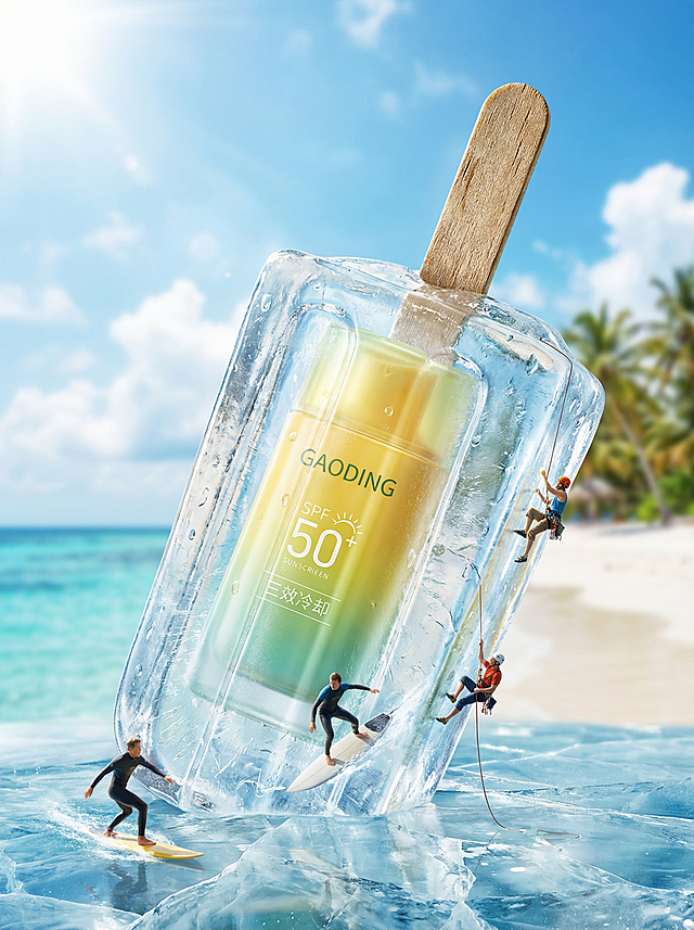 高端创意防晒产品广告海报，主体为GAODING牌巨型冰块包裹式防晒棒，外观呈透明冰棍状，带有木质雪糕手柄，内部包裹黄绿色透明渐变防晒霜瓶体，印GAODING品牌LOGO、"SPF 50+"、"三效冷却"等功效信息；场景是热带海滩度假环境，背景是湛蓝天空、澄澈碧海、白色沙滩、漂浮的椰子树与热带绿植，阳光明媚的夏日氛围；风格是超现实主义商业摄影，微缩模型摄影，创意视觉冲击，高端美妆CG渲染，8K超高清，细节拉满；色调为夏日暖调清新系，以天空蓝、海水蓝、沙滩白、绿植绿为主，搭配产品亮色点缀，明亮通透，充满夏日活力；构图为低角度仰拍，非对称平衡构图，中长焦大光圈浅景深，主体清晰，背景虚化，突出产品；细节有冰块极致通透含冰裂纹理，木质手柄纹理，产品膏体清澈，微缩冲浪攀岩运动员带专业装备，绳索冲浪绳紧绷，光影层次丰富，夏日阳光通透感，强烈的大小对比视觉趣味，无冗余元素，产品结构精准，细节还原度高，光影自然，合规内容，防晒护肤，户外用品，无敏感元素