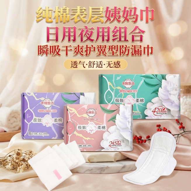 我是网店卖家，产品是女士生理期用品卫生巾，根据你的经验帮我生成一个电商主图，/提升一些包装质感，切记不要出现网络违禁词,略微提升质感包装袋生成的包装主体不能改变，/背景可以更换更适合产品的高级背景/突预览效果