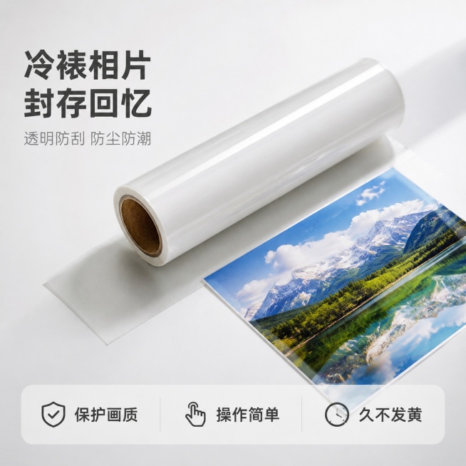 [主图-1] 冷裱膜冷裱相片产品首图。氛围风格为简约干净实用风；画质要求商业摄影质感、光线柔和通透、产品清晰真实、画面干净高级。一整卷透明冷裱膜居中放置在纯白色桌面上，旁边平铺一张已冷裱好的风景相片，预览效果