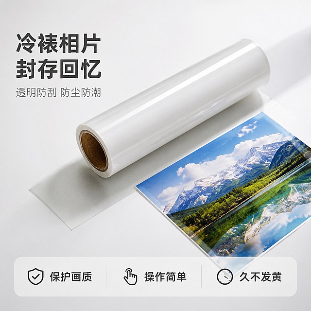 [主图-1] 冷裱膜冷裱相片产品首图。氛围风格为简约干净实用风；画质要求商业摄影质感、光线柔和通透、产品清晰真实、画面干净高级。一整卷透明冷裱膜居中放置在纯白色桌面上，旁边平铺一张已冷裱好的风景相片，相片平整无气泡，冷裱膜透明质感清晰可见；左侧留有文案负空间，产品主体占比约70%，画面满屏无边框。保持冷裱膜和相片原有质感，杜绝任何变形和色差，精细化处理。光影：顶部明亮柔和自然光均匀打光，主光突出产品轮廓，辅光消除暗部阴影，透明材质高光自然通透，整体干净明亮。配色：主色调纯白浅灰，搭配相片自然风景色彩，整体清新简约。视角构图：正俯视45度角，主体居中，景深适中，轮廓完整不裁切。文字版式：左上负空间左对齐留安全边距，大字主文案写“冷裱相片 封存回忆”，深灰色粗体无衬线最大字号；辅助文案写“透明防刮 防尘防潮”，约半高，同色系略浅。底部通栏半透明渐变蒙层均分三列：列一「保护画质」列二「操作简单」列三「久不发黄」，深字与浅底强反差，现代无衬线字体。比例分辨率：1:1 比例，4k 分辨率；文字清晰锐利，画面超高清。负向提示词：变形，文字错乱，产品图模糊，背景杂乱，水印，电商平台Logo