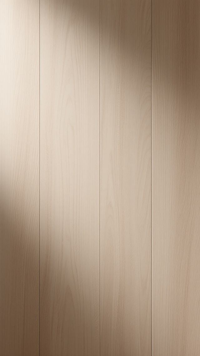 一张大面积留白的光滑木纹背景图，整体呈现自然的浅米色木质色调，纹理为细腻流畅的直木纹，木纹走向垂直且分布均匀，表面有柔和的光泽感，光线均匀地洒在木纹上，营造出温暖、简洁、干净的氛围，无任何多余装饰元素，视觉层级清晰，信息传达效率高，具有现代简约的设计感。