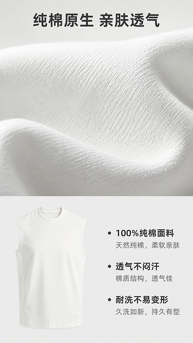 [第3屏] 材质细节展示，立体纯棉显壮背心纯棉材质特写解析。
[氛围/风格] 高级质感特写，浅纯色背景，微距特写突出面料纹理，专业质感商业摄影。
[元素布局] 画面上半部分放置背心面料纹理微距特写，使用图1背心主体，截取局部放大展示纯棉肌理，占据画面45%区域；下半部分左侧放完整背心小图，右侧放文字卖点，布局分区清晰不拥挤。保持整体产品颜色、材质质感与原图一致，特写区域纹理清晰真实。
[光影质感] 柔和侧光突出面料肌理凹凸感，纹理明暗清晰，整体光线均匀，质感真实。
[配色色系] 全局底色：#F0F0F0（浅灰），和前两屏保持统一；主体：白色背心面料；文字：深灰+浅灰，配色和前屏统一。
[视角构图] 微距特写视角，上特写下图文的竖版构图，分区清晰，符合移动端从上到下阅读顺序。
[文字版式] 顶部大标题「纯棉原生 亲肤透气」，居中深灰粗体；下半部分左侧小图展示整体版型，右侧三个卖点分点排列：1. 100%纯棉面料；2. 透气不闷汗；3. 耐洗不易变形；每个卖点用圆点引导，文字字号适中，移动端清晰可读。
[比例分辨率] 9:16竖版比例，4K分辨率，文字清晰可辨，超高清。
[负向提示词] 面料纹理失真，颜色偏差，版型变形，文字错乱，水印，背景杂乱。