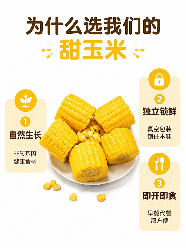 [第4屏] 核心卖点拆解屏，三大优势分点呈现。本屏使用【图7】作为产品主体参考。
[氛围/风格] 干净简约，清晰信息层级，商业食欲风。
[元素布局] 中部放置甜玉米段产品实拍，占比约50%，三个核心卖点分三栏排列在产品两侧，每个卖点配小图标和简短说明。产品形态颜色与参考图保持一致。
[光影质感] 均匀柔和布光，产品清晰，文字信息突出。
[配色色系] 全局底色 #FFFFFF；主色玉米黄；辅助色深棕文字、浅黄装饰块。
[视角构图] 中心产品对称构图，分点信息左右排布，阅读动线清晰。
[文字版式] 顶部主标题「为什么选我们的甜玉米」，三个卖点分别是：
1 「自然生长」 非转基因健康食材
2 「独立锁鲜」 真空包装锁住本味
3 「即开即食」 早餐代餐都方便
每个卖点配浅黄圆角块，保持圆角黑体，深棕色字体统一风格。
[比例分辨率] 3:4 竖版比例，4K 分辨率，文字清晰可辨，高清画质。
[负向提示词] 产品变形，文字模糊，排版混乱，配色刺眼，信息重叠。