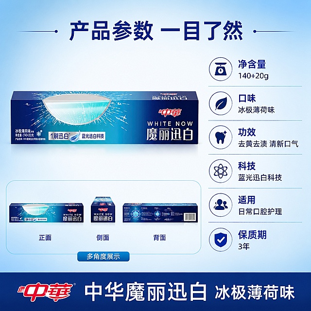 [主图-30] 中华魔丽迅白牙膏 冰极薄荷 包装规格参数主图 信息清晰
[氛围风格] 信息清晰 规格明确 专业可信 购物决策辅助
[画质] 超高清产品信息图质感 排版整洁 数据清晰 产品真实
[元素] 画面左侧中华魔丽迅白牙膏盒正面展示 右侧是产品规格参数信息 以清晰的列表形式呈现 包括净含量 口味 功效 适用人群 保质期等关键信息 每个参数前有对应的蓝色小图标 背景为浅蓝色渐变 底部有产品侧面和背面的小图展示 牙膏盒保持外观与输入产品图绝对一致 产品占比约40% 整体画面信息清晰 帮助消费者快速了解产品
[光影] 均匀柔光打亮产品和信息区域 产品有自然立体感 整体明亮清晰 阅读舒适度高
[配色] 主色调蓝色系（深浅蓝渐变） 白色 辅助色薄荷绿 红色品牌logo
[视角构图] 左右分栏构图 左侧产品 右侧参数 平视视角 画面满版无边框
[文字版式] 顶部居中主标题"产品参数 一目了然" 深蓝色大号粗体字 右侧参数列表 每行图标加文字 "净含量 140+20g" "口味 冰极薄荷味" "功效 去黄去渍 清新口气" "科技 蓝光迅白科技" "适用 日常口腔护理" 均为深蓝色中号字 底部三个小图分别展示正面 侧面 背面 下方标注"多角度展示" 白色字 底部通栏深蓝色底 白色大字"中华魔丽迅白 冰极薄荷味" 左侧红色中华logo
[输出要求] 1:1比例 文字清晰锐利 超高清产品信息图质感
[负向提示词] 变形 文字错乱 产品模糊 背景杂乱 水印 电商平台Logo