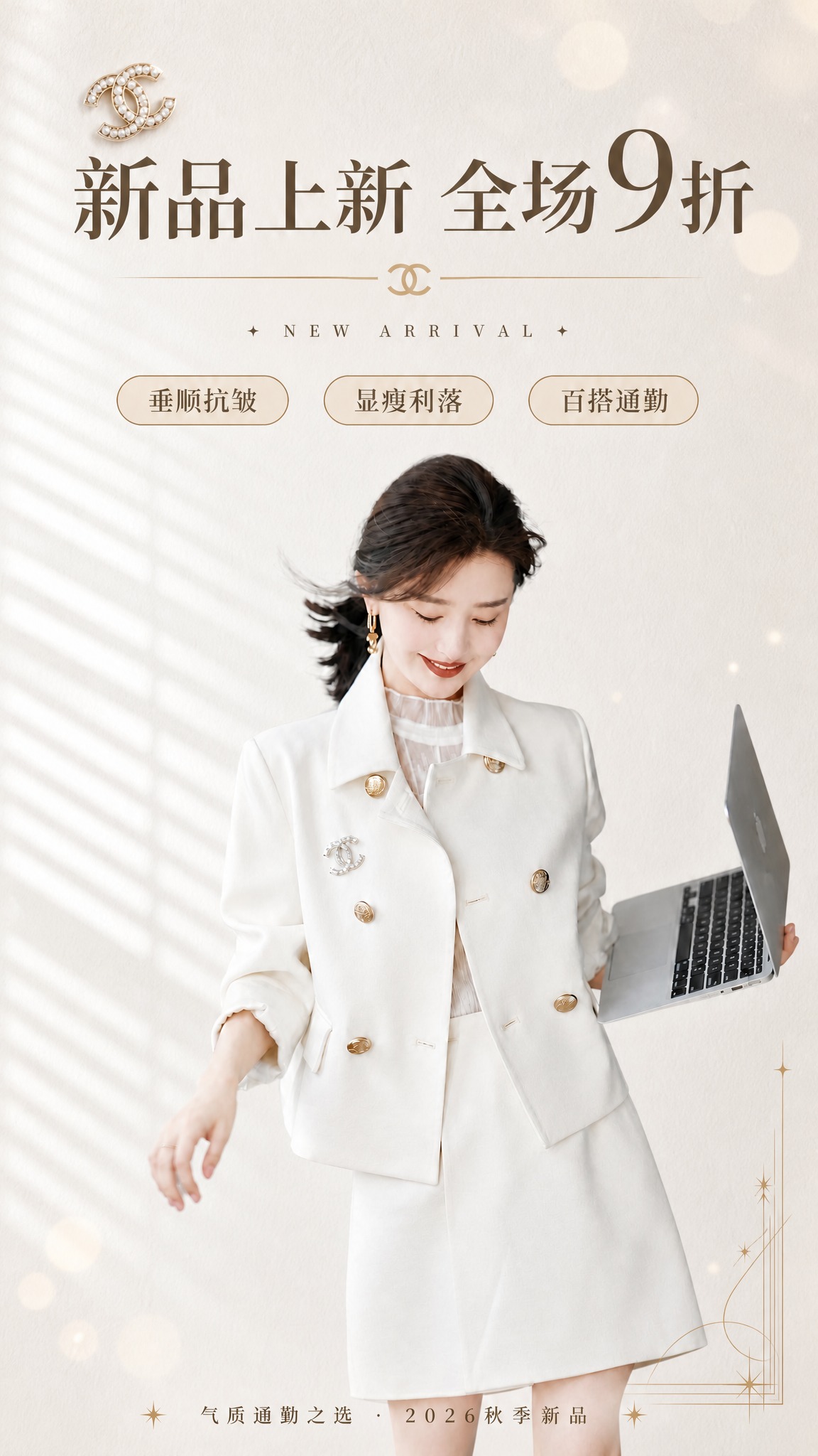 在保持现有模特、服装、主标题「新品上新 全场9折」、三个卖点标… - 图片创意预览