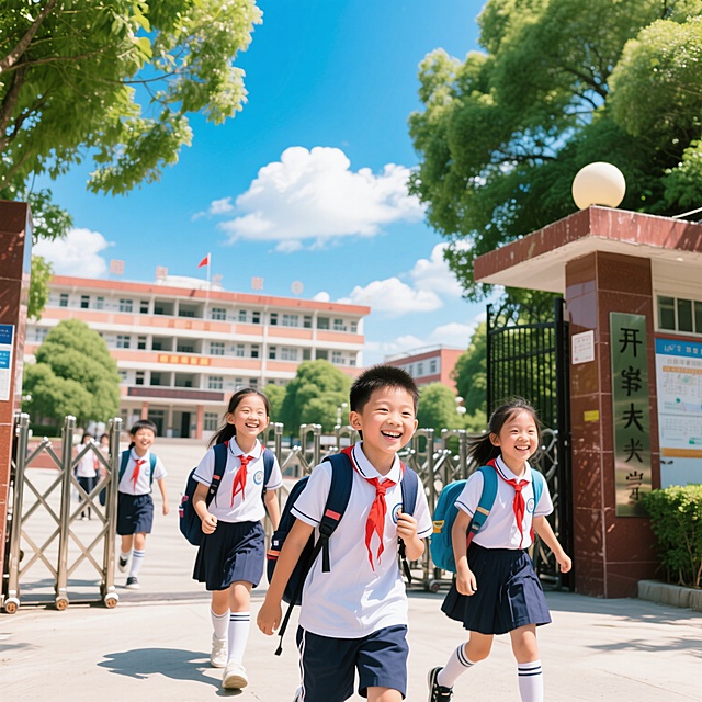 阳光明媚的校园开学日，穿着校服的学生们背着书包走进校门，脸上洋溢着笑容，背景是教学楼和绿色的树木，天空湛蓝有白云
