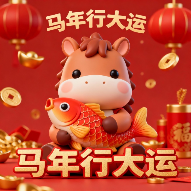 马年新年到，我想用稿定AI，生成和马年有关的新春祝福Q版3D表情包，让表情充满浓浓春节味道，需要生成6个不同的表情包，并搭配上一个祝福的成语或者俗语预览效果