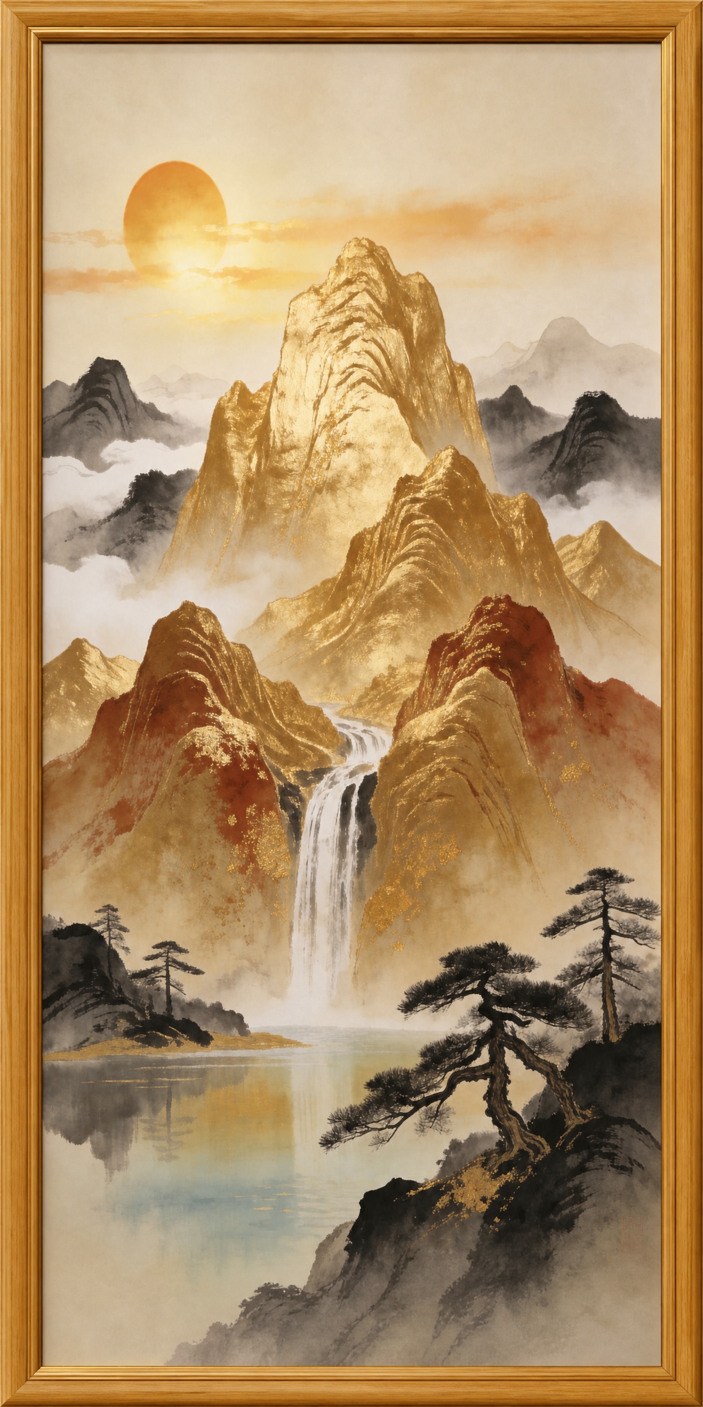为这张新中式金山山水画添加一个黄色木纹画框，画框样式参考黄褐色… - 图片创意预览