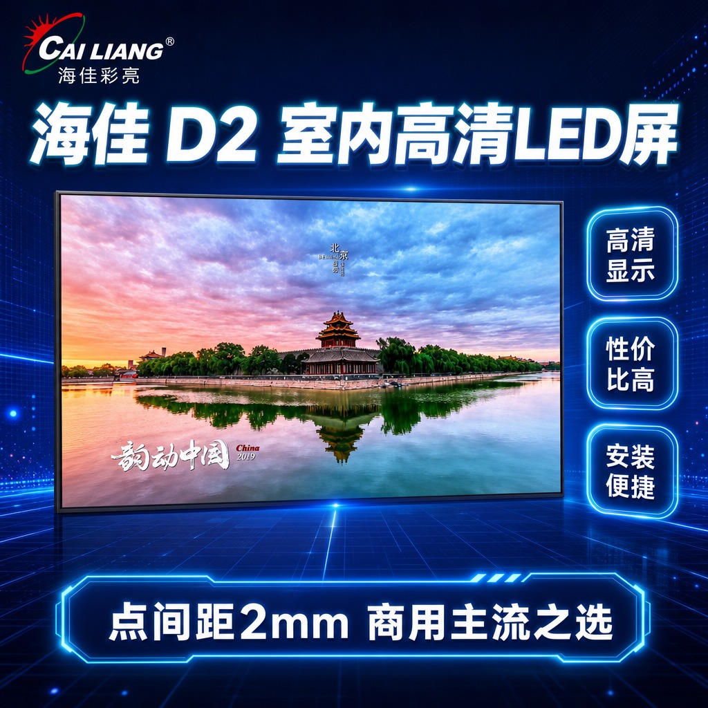 海佳D2 LED显示屏SKU搜索主图，深蓝色科技风，1:1正方… - 图片创意预览