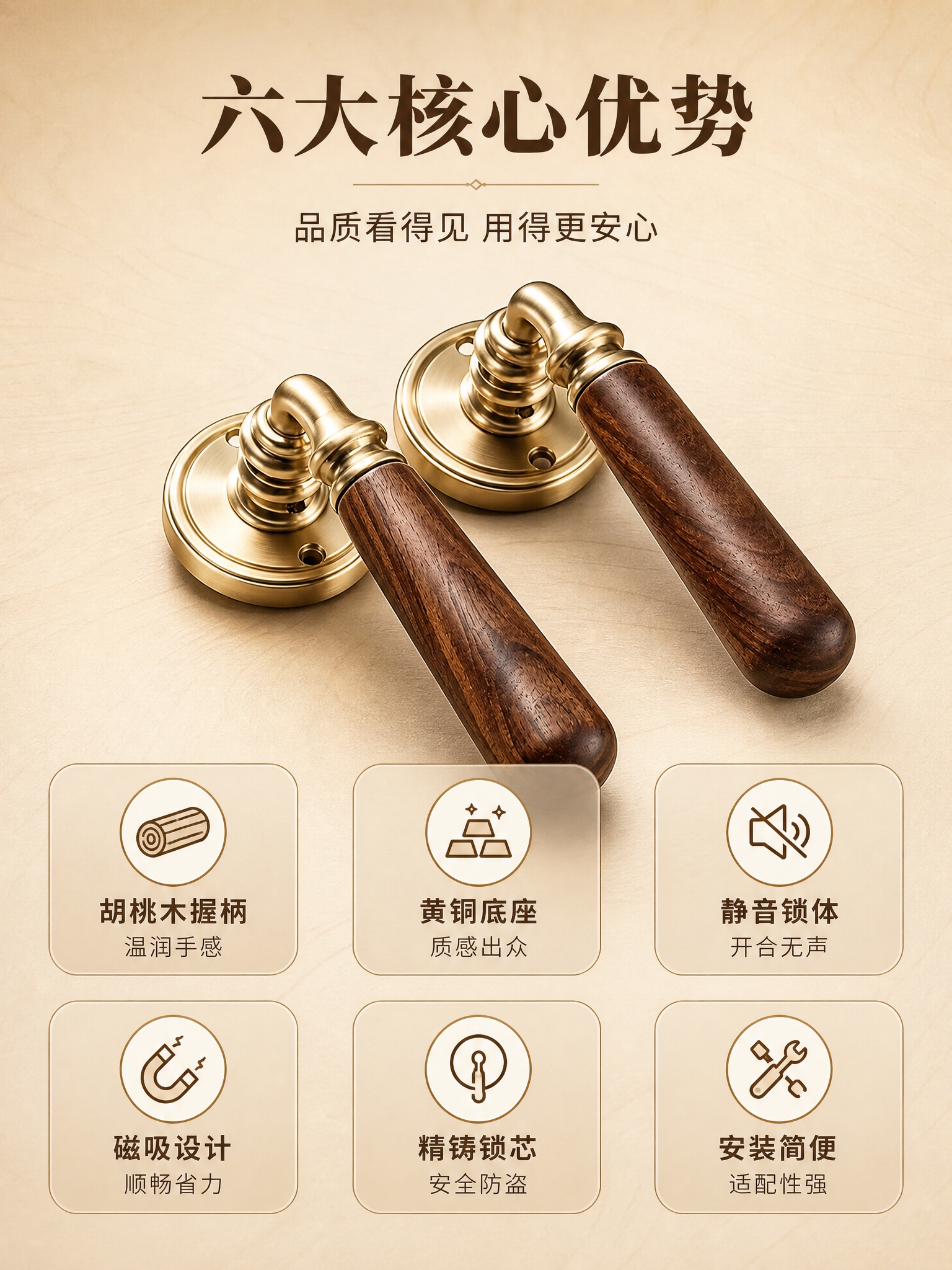 [商品] 使用【图1】胡桃木黄铜分体门锁（铜拉丝款）；保留产品… - 图片创意预览
