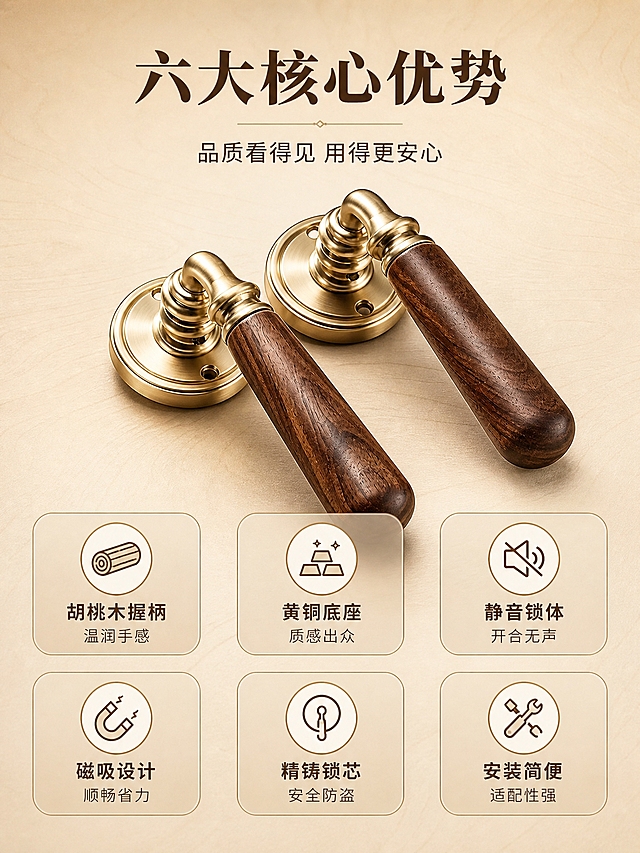 [商品] 使用【图1】胡桃木黄铜分体门锁（铜拉丝款）；保留产品外观、结构、材质、颜色；增强金属质感和木纹清晰度。
[画面] 目标：核心卖点总览，6大卖点快速传递。构图：上中下结构，顶部标题区，中部产品居中展示（铜拉丝款门锁斜45度摆放，占画面约40%），底部2行3列共6个icon卖点卡环绕产品。景别：产品中景，清晰展示整体造型。背景：浅米色渐变底，带细腻的木纹暗纹肌理，营造温润质感。阅读动线：顶部标题→中心产品→四周卖点卡。信息载体：6个圆形/圆角方形icon卡，每个icon配短标题。
[视觉] 套系策略：风格=中古风品质商业摄影，京东专业稳重调性；标题字=思源宋体粗体，典雅有质感；正文字=思源黑体常规体，清晰易读；主色=暖棕金色系（深胡桃木棕+铜金色）；背景延展=基于暖棕金做深浅层级、同色渐变和细腻木纹/金属质感；强调色=暖铜金，仅用于小面积图标、引线、标签高亮；标题色=深棕近黑；正文色=中暖棕；组件=圆角浅棕信息卡、细铜色引线、简约线性图标；光影=顶部柔光均匀打亮产品，金属反光自然，木纹清晰，阴影柔和。
[文字] 顶部主标题「六大核心优势」，副标题「品质看得见 用得更安心」；6个卖点卡分别为：「胡桃木握柄 温润手感」「黄铜底座 质感出众」「静音锁体 开合无声」「磁吸设计 顺畅省力」「精铸锁芯 安全防盗」「安装简便 适配性强」；每个卖点配简约线性图标，文字清晰可读，手机端不费力。
[规格] 图片比例3:4竖版，4K分辨率，避免变形、错字、文字过小、冷蓝/冷灰背景、产品颜色失真、结构变形、水印、平台Logo、绝对化用语。