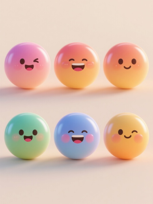 6个不同配色、不同样式、不同神态的3D立体emoji表情，每个表情具有圆润饱满的造型、光滑细腻的材质、高光泽度的表面处理和柔和的渐变光影效果，呈现出可爱治愈的氛围，整体以浅色背景为衬托，上下两行整齐对齐排列，每个emoji表情细节丰富、色彩鲜明且富有立体感，视觉效果生动活泼。预览效果
