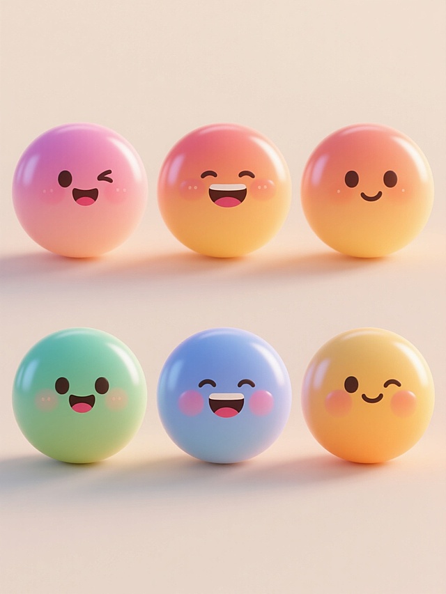 6个不同配色、不同样式、不同神态的3D立体emoji表情，每个表情具有圆润饱满的造型、光滑细腻的材质、高光泽度的表面处理和柔和的渐变光影效果，呈现出可爱治愈的氛围，整体以浅色背景为衬托，上下两行整齐对齐排列，每个emoji表情细节丰富、色彩鲜明且富有立体感，视觉效果生动活泼。