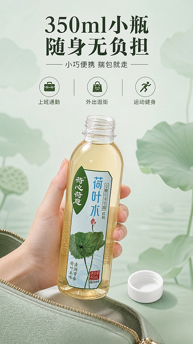 [商品] 使用【图1】荷心荷意荷叶水饮料瓶；保留瓶身、瓶盖、液体颜色、标签及所有文字；商品处理：瓶身干净，标签清晰，瓶盖旋开状态展示瓶口，不改变外观。
[画面] 页面目标：展示350ml小瓶便携性，突出随身无负担。构图：一只手自然握住瓶身中部，展示手与瓶的比例，产品占画面约60%；旁边放一个打开的白色瓶盖；背景是淡青绿色渐变，有朦胧荷叶纹理；底部有随身包/口袋的局部示意；阅读动线从上到下，顶部标题，中部手持产品。
[视觉] 套系策略：风格=东方清雅自然商业摄影，参考【图2】荷塘意境；标题字=宋体衬线粗体，带东方韵味；正文字=简洁无衬线体；主色=淡青绿色（荷叶绿）；背景延展=基于淡青绿做渐变、朦胧荷叶纹理；强调色=深荷绿，仅用于小面积图标和标签；标题色=深墨绿；正文色=中灰绿；组件=细线分隔、圆角浅绿信息卡；光影=左前侧柔和光，手部自然，瓶身有柔和反光。
[文字] 顶部主标题「350ml小瓶 随身无负担」，副标题「小巧便携 揣包就走」；下方3个便携场景短句：「上班通勤」「外出逛街」「运动健身」；文字全部横排，不遮挡产品和手部。
[规格] 图片比例9:16竖版，4K分辨率，负向提示：避免变形、错字、文字过小、冷蓝色调、全脸人物、瓶身过大或过小。