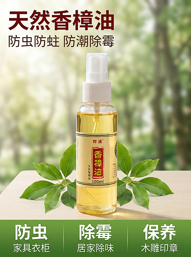 「图片1」「图片1」「图片1」「图片1」天然香樟油使用方法与用途及注意事项
一、居家使用
1.防虫防蛀
衣柜、抽屉、收纳盒，每处2～3滴。防衣虫、蟑螂、书虫，衣物不发霉。
书柜、字画、古籍四周少量涂抹，长期存放不被虫啃。 
2.防潮除霉
卫生间角落、地漏滴2滴，祛潮湿异味。
木质家具、木框薄涂一层，防发霉开裂。
3.室内除味
烟味、霉味、鞋柜异味，兑水喷洒，抑菌去味。
 
二、书画文玩使用
1.油画：稀释颜料、清洗画笔，画面干后不易发霉。
2.宣纸字画：少量轻擦边缘，防虫防潮，保存更久。
3.木雕、印章：涂抹保养，防干裂虫蛀。
 
三、注意事项
1.不可口服，误食会刺激肠胃。
2.孕妇、婴幼儿、皮肤破损不要用。
3.皮肤敏感需稀释再用，避免直接大面积涂。
4.远离明火和高温。
5.密封阴凉存放，挥发性强，开盖尽快用完「图片1」「图片1」「图片1」「图片1」「图片1」「图片1」