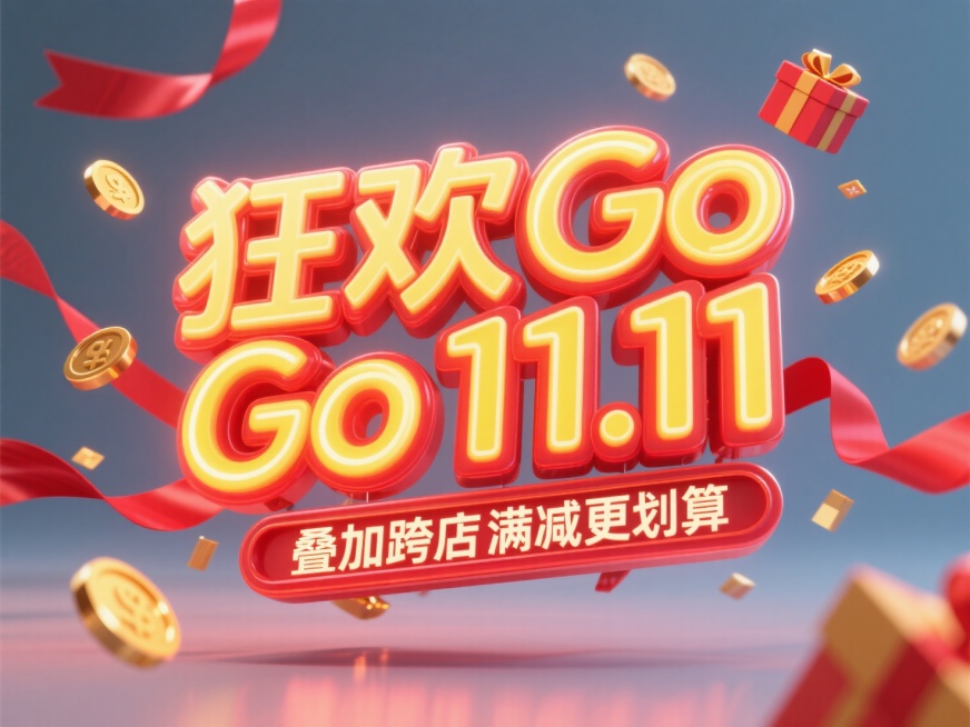 “狂欢Go 11.11"霓虹立体字，红黄渐变材质，底部悬浮副标题"叠加跨店满减更划算"，周围漂浮着金币与礼品盒，环绕着红色丝带预览效果