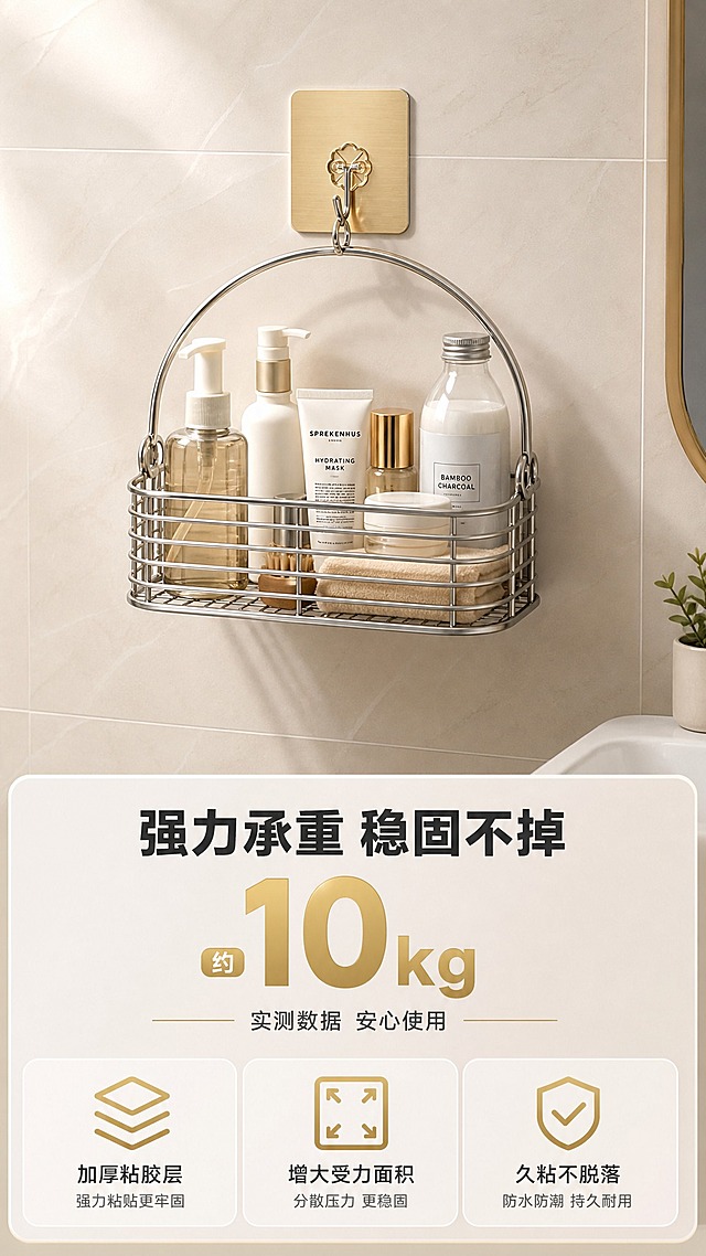 [商品] 使用【图3】透明金款免打孔粘钩；保留方形拉丝金底座、金色花形粘胶座、J形金属挂钩的完整结构与材质，产品贴在墙面上呈真实使用状态，挂钩上悬挂重物。
[画面] 第4张·承重测试页，目标是直观展示产品的强力承重能力。上下构图，上方为产品承重演示主视觉：粘钩贴在浅米色瓷砖墙面上，挂钩上挂着一个装满物品的收纳篮/水桶，重物自然下垂，展示真实受力状态。产品+重物占画面约60%，位于画面中央。下方为文案与数据区。背景是简洁的浴室墙面，光线柔和。
[视觉] 套系策略：风格=轻奢简约家居商业摄影风；标题字=现代无衬线粗黑体；正文字=简洁无衬线黑体；主色=暖金+银灰；背景延展=基于暖金与银灰做深浅层级、同色渐变和大理石/拉丝金属质感；强调色=香槟金，仅用于小面积图标、引线和标签；标题色=深炭灰；正文色=中暖灰；组件=圆角浅底信息卡、细线引线、金色图标；光影=左前侧暖柔光，产品带自然投影。
[文字] 顶部主标题"强力承重 稳固不掉"；中部用大号数字突出"约10kg"承重，旁注"实测数据 安心使用"；下方配3个支撑卖点：「加厚粘胶层」「增大受力面积」「久粘不脱落」。文字位于画面下部，不遮挡产品与重物主体。
[规格] 图片比例9:16竖版，4K，避免变形、错字、文字过小、使用绝对化极限词、产品结构改变。