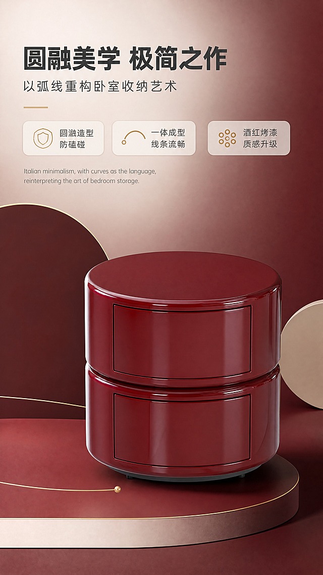 [商品] 使用【图1】酒红色圆形双抽床头柜DL-8805；保留圆润圆柱形造型、双抽屉、内嵌拉手、酒红亮面烤漆、碳素钢底框；突出产品侧面与顶部弧度线条美感。
[画面] 目标：设计美学叙事页，解读意式极简设计理念与圆润造型美学。构图：上文下景，顶部约1/4文案底区，下方产品特写+设计元素拼贴。产品占画面约60%，45°侧视角度展示圆润弧度与顶部平面。景别：中近景。前中后景：前景产品主体、中景几何色块与线条装饰、后景同色系渐变背景。场景：极简影棚氛围，搭配几何圆形元素呼应产品造型。
[视觉] 套系策略：风格=意式轻奢极简商业摄影；标题字=现代无衬线粗体（思源黑体Heavy）；正文字=简洁无衬线体（思源黑体Regular）；主色=酒红勃艮第红；背景延展=基于酒红做深浅层级、同色渐变、暖灰/奶白中性色过渡、细腻哑光质感；强调色=香槟金，仅用于小面积图标、引线、标签和装饰线条；标题色=深炭灰；正文色=中暖灰；组件=圆角浅底信息卡、细线引线、香槟金装饰线；光影=左前侧暖柔光，产品亮面烤漆有自然高光反射。
[文字] 顶部文案区：主标题「圆融美学 极简之作」（8字），副标题「以弧线重构卧室收纳艺术」（12字），下方3个设计理念标签「圆润造型 防磕碰」「一体成型 线条流畅」「酒红烤漆 质感升级」。底部配小号英文设计理念短句。文字横排，不遮挡产品核心造型。
[规格] 图片比例9:16竖版，4K分辨率，淘宝/天猫移动端适配。负向：变形、错字、文字过小、冷蓝背景、产品颜色改变、结构失真、竖排文字、绝对化用语。