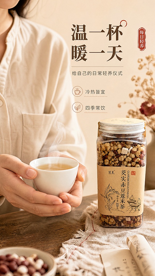 [商品] 使用【图1】产品罐，保留罐身所有文字、标签、颜色与结构；产品罐在画面侧后方，标签正面清晰可见。
[画面] 目标：手部冲泡/分享展示，手部操作型。一只自然的亚洲女性手捧着白瓷茶杯，杯中是浅琥珀色的薏米茶，热气袅袅；手的姿态放松自然，仿佛正要递出或品饮；旁边产品罐静置在原木桌面，背景有棉麻餐布与干花点缀；整体有温度感、分享感。
[视觉] 套系策略：风格=中式自然养生商业摄影风；标题字=宋体衬线粗体（温润有书卷气）；正文字=简洁无衬线体；主色=暖米杏+赤豆红棕；背景延展=基于暖米杏做深浅层级、同色渐变和牛皮纸/原木/棉麻质感；强调色=赤豆红棕，仅用于小面积图标、引线、标签底纹；标题色=深棕褐；正文色=暖中灰；组件=圆角浅底信息卡、细线引线、印章式小标签；光影=左前侧暖柔光，柔和自然阴影。
[文字] 上方或侧方横排主标题"温一杯 暖一天"，副标题"给自己的日常轻养仪式"；配2个短句："冷热皆宜""四季常饮"；文字不遮挡手部与茶杯主体。
[规格] 图片比例9:16竖版，4K，避免变形、错字、文字过小、冷蓝/冷灰背景、手部僵硬、产品比例失真、绝对化用语。
