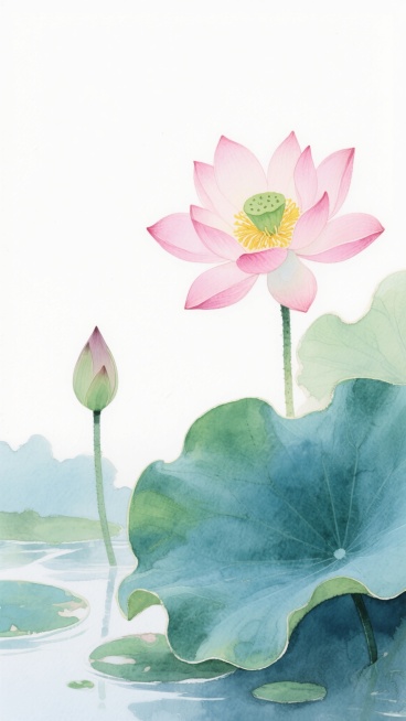 水彩风格的夏日池塘自然景观插画，一朵盛开的粉色荷花位于画面中央偏右位置，花瓣边缘呈柔和的粉色渐变，花蕊为黄色点缀绿色莲蓬，左侧有一朵含苞待放的荷花花苞，几片宽大的绿色荷叶分布在荷花周围，荷叶边缘微微卷起，叶面呈现深浅不一的蓝绿色调并带有自然的纹理笔触，整体构图简洁空灵，画面留白占比约50%，背景为纯净的白色，营造出清新淡雅、宁静致远的氛围，光影柔和，色彩过渡自然，具有水彩画特有的透明晕染质感和……预览效果