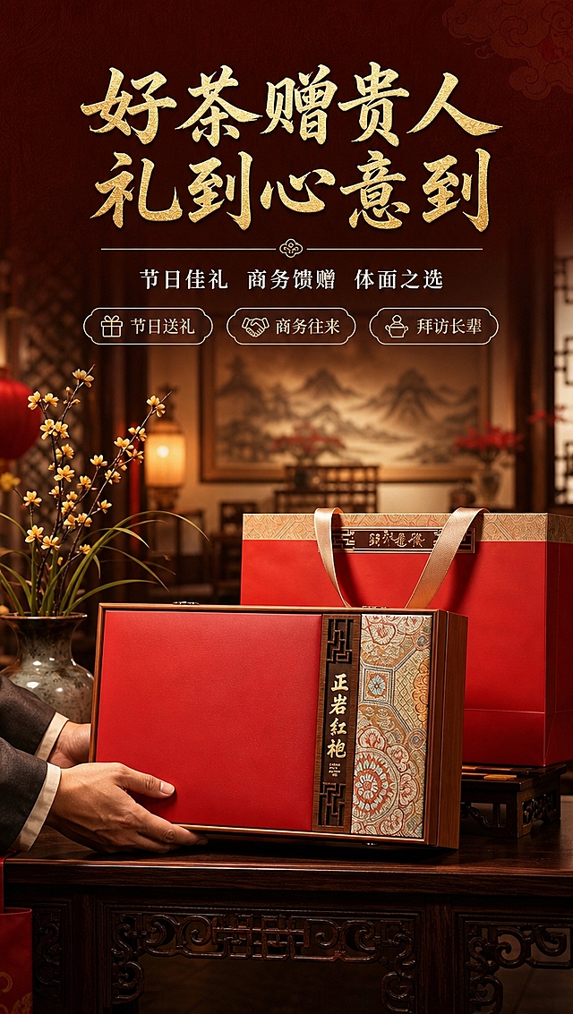 [商品] 使用【图2】正岩大红袍礼盒套装（礼盒+手提袋）；保留礼盒红色哑光漆面、木质边框、织锦纹样、金属铭牌与手提袋的结构与材质；增强礼盒与手提袋质感，不改变结构与颜色。
[画面] 目标：礼赠场景页，强化送礼价值与仪式感。构图：场景氛围型，礼盒套装置于中式玄关/客厅场景占画面55%。前景：深色玄关案几上摆放礼盒与手提袋，旁边搭配一支腊梅/兰花花艺；中景：亚洲男性手部（仅手部）正递出礼盒，动作自然，体现送礼场景；后景：虚化中式客厅，红木家具、山水画、暖光灯笼，营造节日/商务送礼氛围。至少3层环境元素。
[视觉] 套系策略：风格=东方雅致新中式高端商业摄影；标题字=苍劲书法宋体；正文字=精致宋体；主色=深棕红；背景延展=基于深棕红做深浅层级、暖棕渐变和细腻木纹/宣纸质感；强调色=烫金，仅用于小面积图标、引线、标签和标题字效；标题色=烫金；正文色=米白；组件=细线引线、圆角深底信息卡、中式纹样分隔线；光影=暖色调环境光，温馨庄重，突出礼盒红色与金色质感。
[文字] 上方主标题「好茶赠贵人 礼到心意到」烫金大字，副标题「节日佳礼 商务馈赠 体面之选」米白宋体。下方3个送礼场景标签横排：「节日送礼」「商务往来」「拜访长辈」。文字不遮挡礼盒与手部动作。
[规格] 图片比例9:16竖版，4K分辨率，负向提示：避免变形、错字、文字过小、冷蓝/冷灰背景、人物面部出现、礼盒颜色改变、动作僵硬。