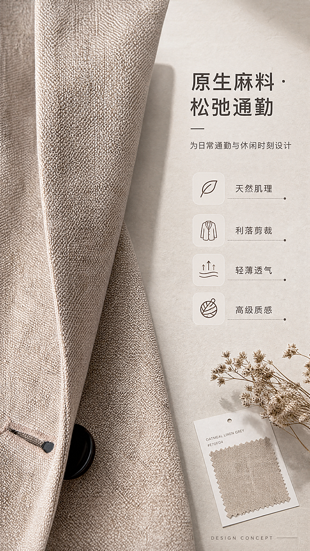 [商品] 使用【图3】燕麦麻灰色大汉麻西装面料局部特写，可见平驳领、扣眼与黑色纽扣；商品处理：保留大汉麻天然粗旷肌理、燕麦麻灰色、织纹密度、缝线与纽扣质感；增强面料纹理层次与光泽，不改变材质和颜色。
[画面] 目标：设计理念页，诠释"原生松弛感通勤"的设计方向。构图：左半页大面积面料微距特写，右半页留白放风格关键词；主体面料占画面约55%，背景为同色系浅麻灰哑光纸面，散落一张色卡、一小束干花作为氛围道具，前中后景层次分明。
[视觉] 套系策略：风格=极简高级通勤商业摄影；标题字=现代无衬线细粗体组合；正文字=简洁无衬线体；主色=燕麦麻灰；背景延展=基于燕麦麻灰做深浅层级、同色渐变和细腻哑光墙面/纸张质感；强调色=深棕褐，仅用于小面积图标、引线和标签；标题色=深炭灰；正文色=中暖灰；组件=细线引线、圆角浅底信息卡、轻量英文装饰；光影=左前侧柔和自然光，软阴影。
[文字] 右上主标题"原生麻料 · 松弛通勤"，副标题"为日常通勤与休闲时刻设计"；下方4个风格关键词"天然肌理 / 利落剪裁 / 轻薄透气 / 高级质感"，每个关键词配细线小图标；底部小号英文"DESIGN CONCEPT"；所有文字横排。
[规格] 比例9:16竖版，分辨率4K，质量medium；避免变形、错字、文字过小、冷蓝背景、面料颜色改变、材质失真、极限词。